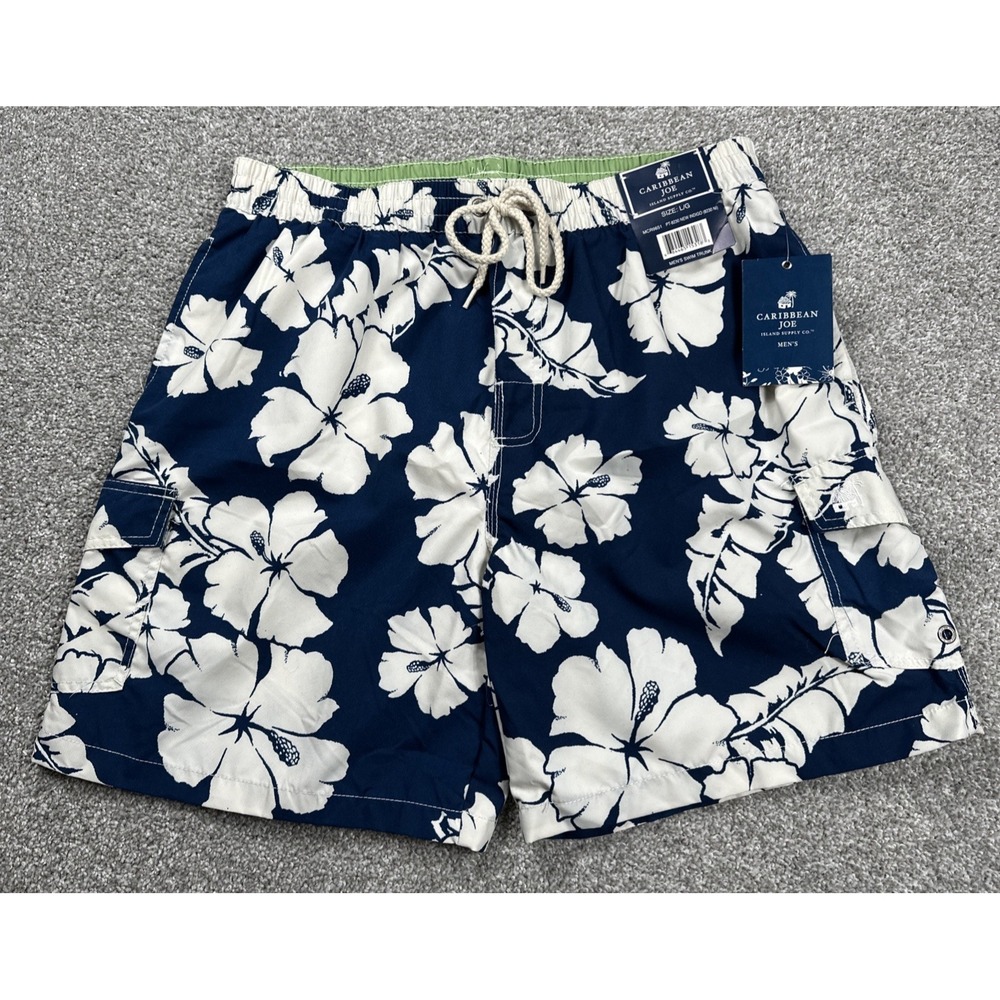 Caribbean Joe Swim Trunks Blue White Floral Cargo Board Shorts Mesh Lined Large